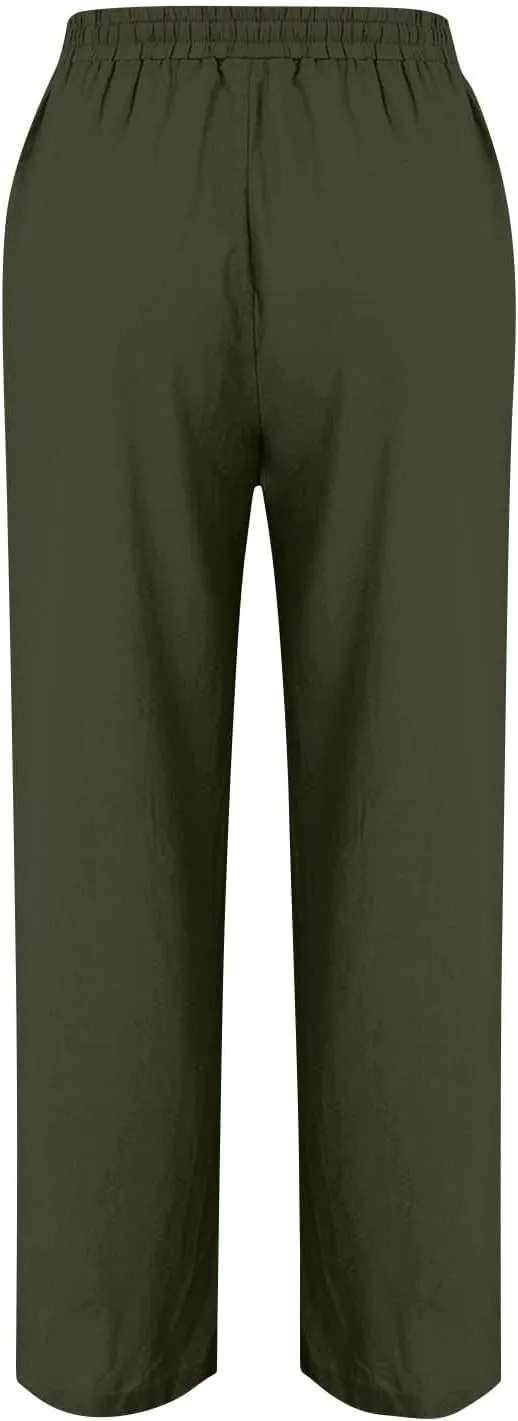 Women's Large Size Loose Cotton Linen Casual Trousers High Waisted Drawstring Beach Pants Lounge Pant with Pocket