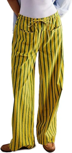 Women's Linen Striped Wide Leg Pants Casual Low Rise Drawstring Stripe Loose Lounge Trousers with Pockets