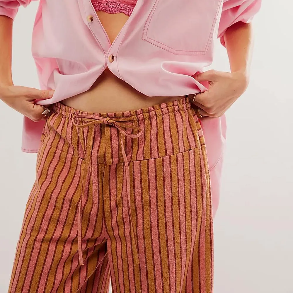 Women's Linen Striped Wide Leg Pants Casual Low Rise Drawstring Stripe Loose Lounge Trousers with Pockets