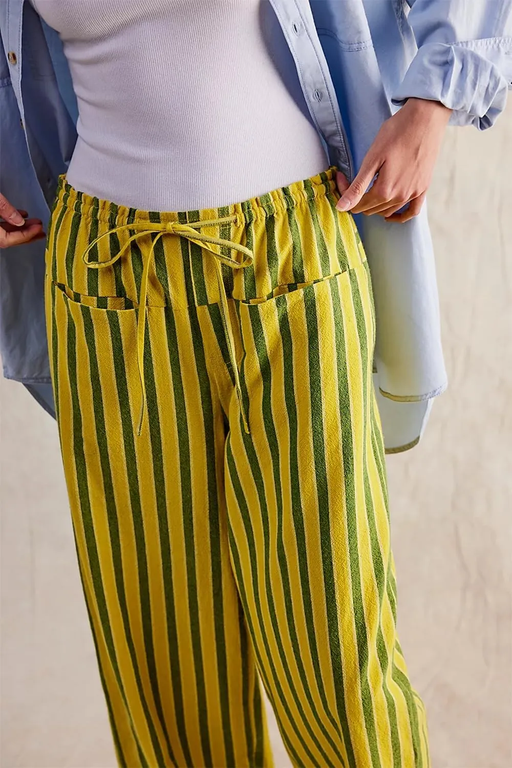 Women's Linen Striped Wide Leg Pants Casual Low Rise Drawstring Stripe Loose Lounge Trousers with Pockets