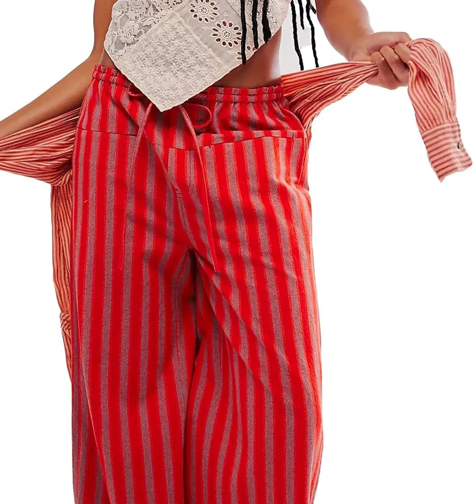 Women's Linen Striped Wide Leg Pants Casual Low Rise Drawstring Stripe Loose Lounge Trousers with Pockets