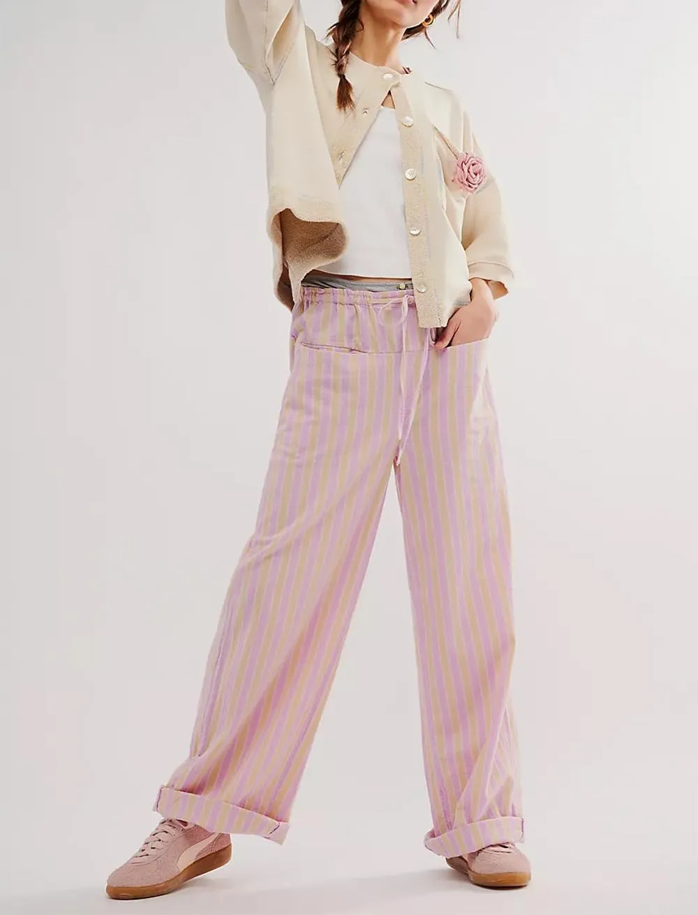 Women's Linen Striped Wide Leg Pants Casual Low Rise Drawstring Stripe Loose Lounge Trousers with Pockets