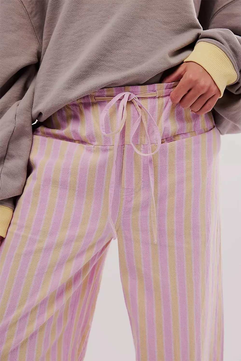 Women's Linen Striped Wide Leg Pants Casual Low Rise Drawstring Stripe Loose Lounge Trousers with Pockets