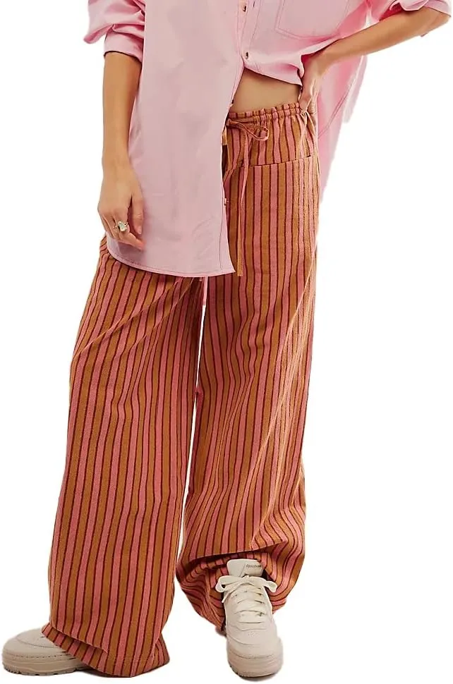 Women's Linen Striped Wide Leg Pants Casual Low Rise Drawstring Stripe Loose Lounge Trousers with Pockets