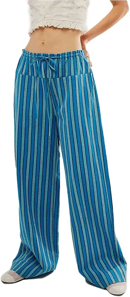 Women's Linen Striped Wide Leg Pants Casual Low Rise Drawstring Stripe Loose Lounge Trousers with Pockets