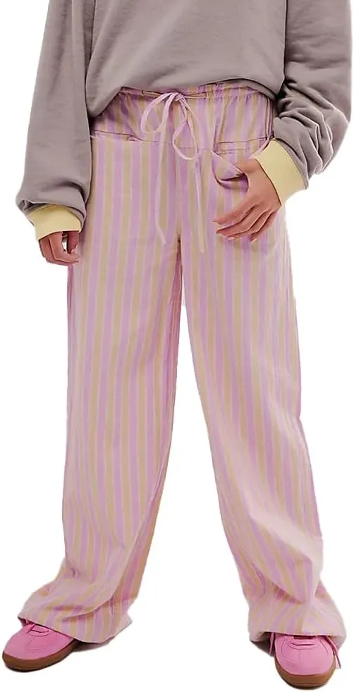 Women's Linen Striped Wide Leg Pants Casual Low Rise Drawstring Stripe Loose Lounge Trousers with Pockets
