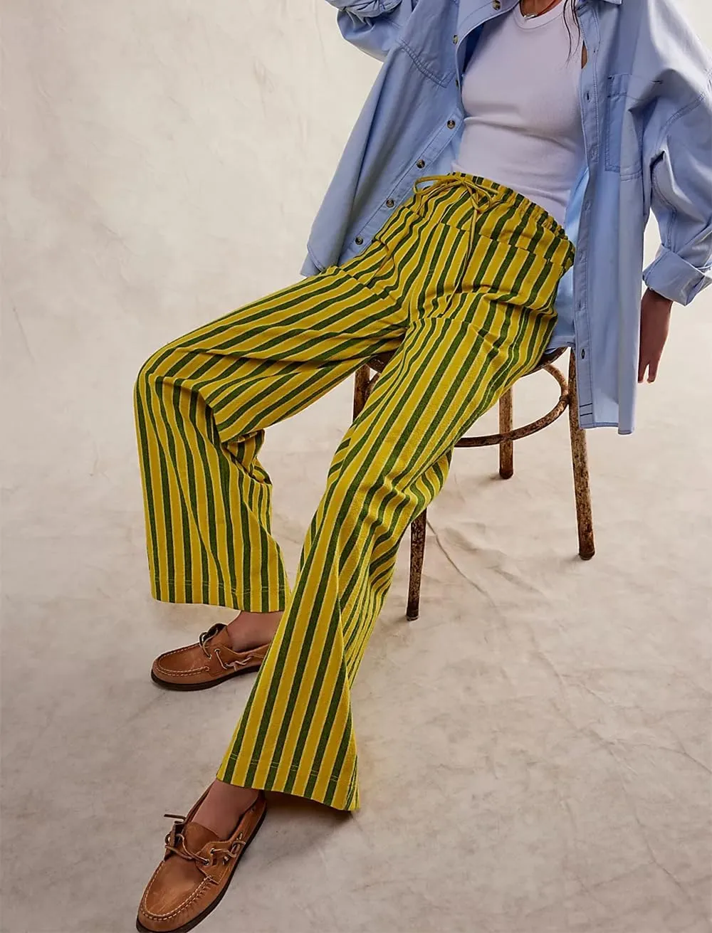 Women's Linen Striped Wide Leg Pants Casual Low Rise Drawstring Stripe Loose Lounge Trousers with Pockets