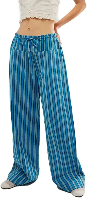 Women's Linen Striped Wide Leg Pants Casual Low Rise Drawstring Stripe Loose Lounge Trousers with Pockets