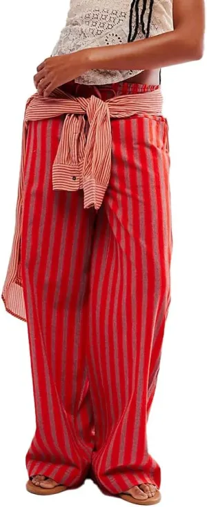 Women's Linen Striped Wide Leg Pants Casual Low Rise Drawstring Stripe Loose Lounge Trousers with Pockets