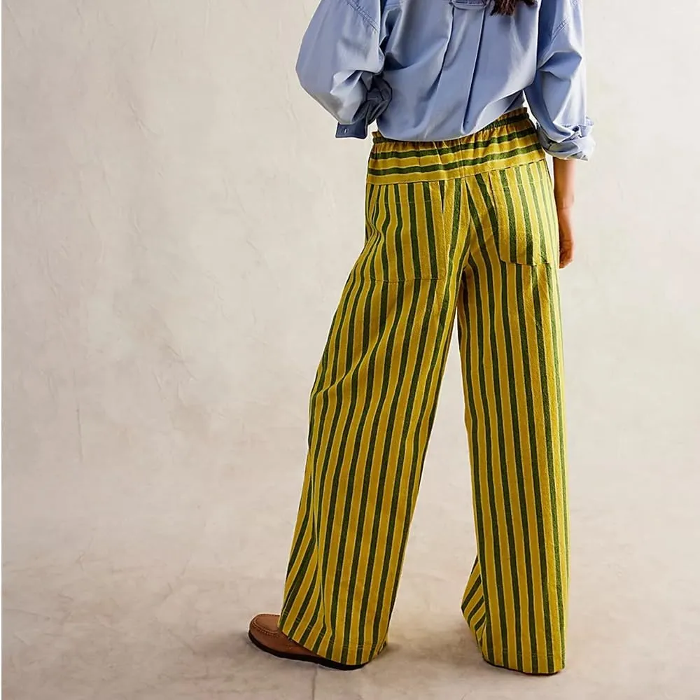 Women's Linen Striped Wide Leg Pants Casual Low Rise Drawstring Stripe Loose Lounge Trousers with Pockets