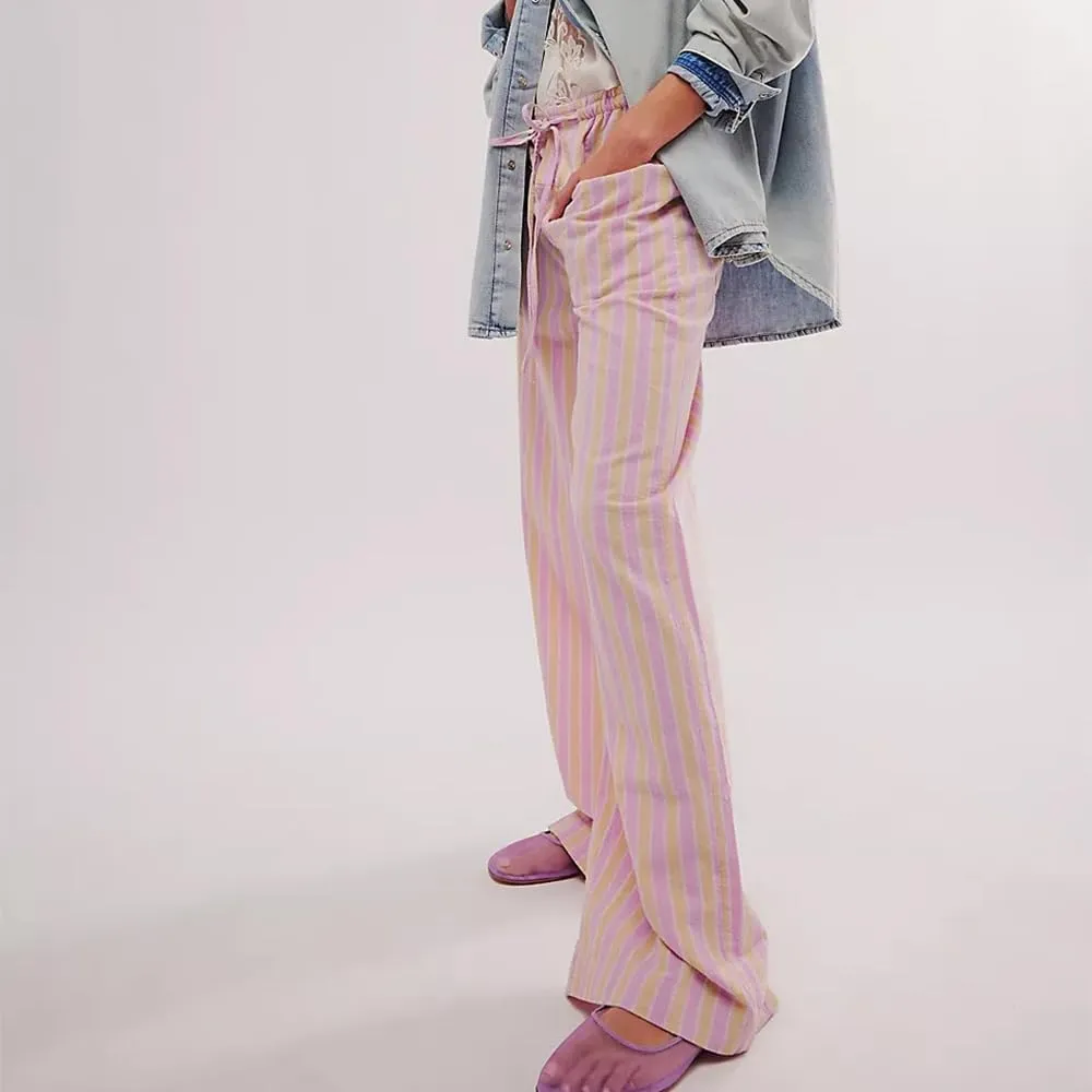 Women's Linen Striped Wide Leg Pants Casual Low Rise Drawstring Stripe Loose Lounge Trousers with Pockets