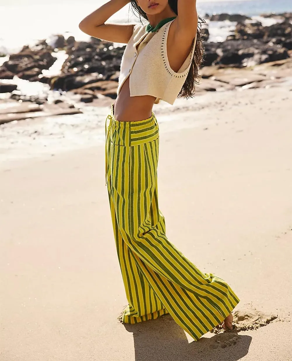 Women's Linen Striped Wide Leg Pants Casual Low Rise Drawstring Stripe Loose Lounge Trousers with Pockets