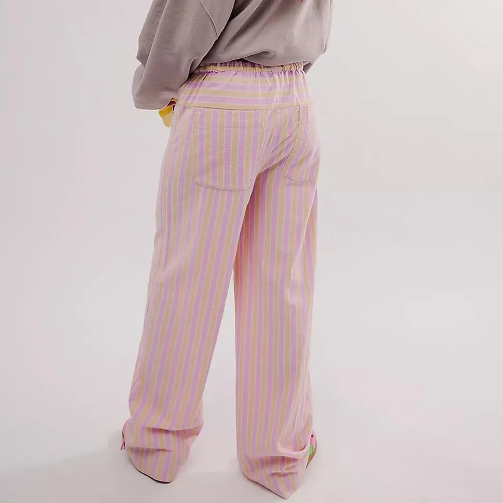 Women's Linen Striped Wide Leg Pants Casual Low Rise Drawstring Stripe Loose Lounge Trousers with Pockets