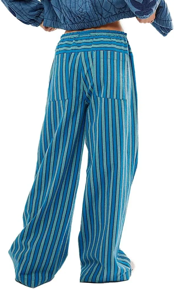 Women's Linen Striped Wide Leg Pants Casual Low Rise Drawstring Stripe Loose Lounge Trousers with Pockets