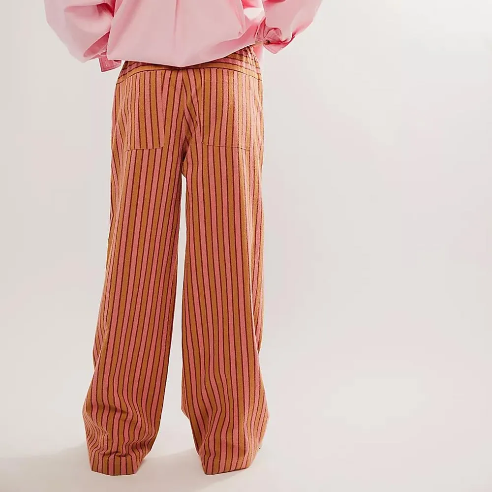 Women's Linen Striped Wide Leg Pants Casual Low Rise Drawstring Stripe Loose Lounge Trousers with Pockets
