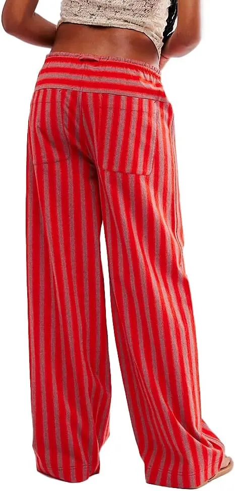 Women's Linen Striped Wide Leg Pants Casual Low Rise Drawstring Stripe Loose Lounge Trousers with Pockets