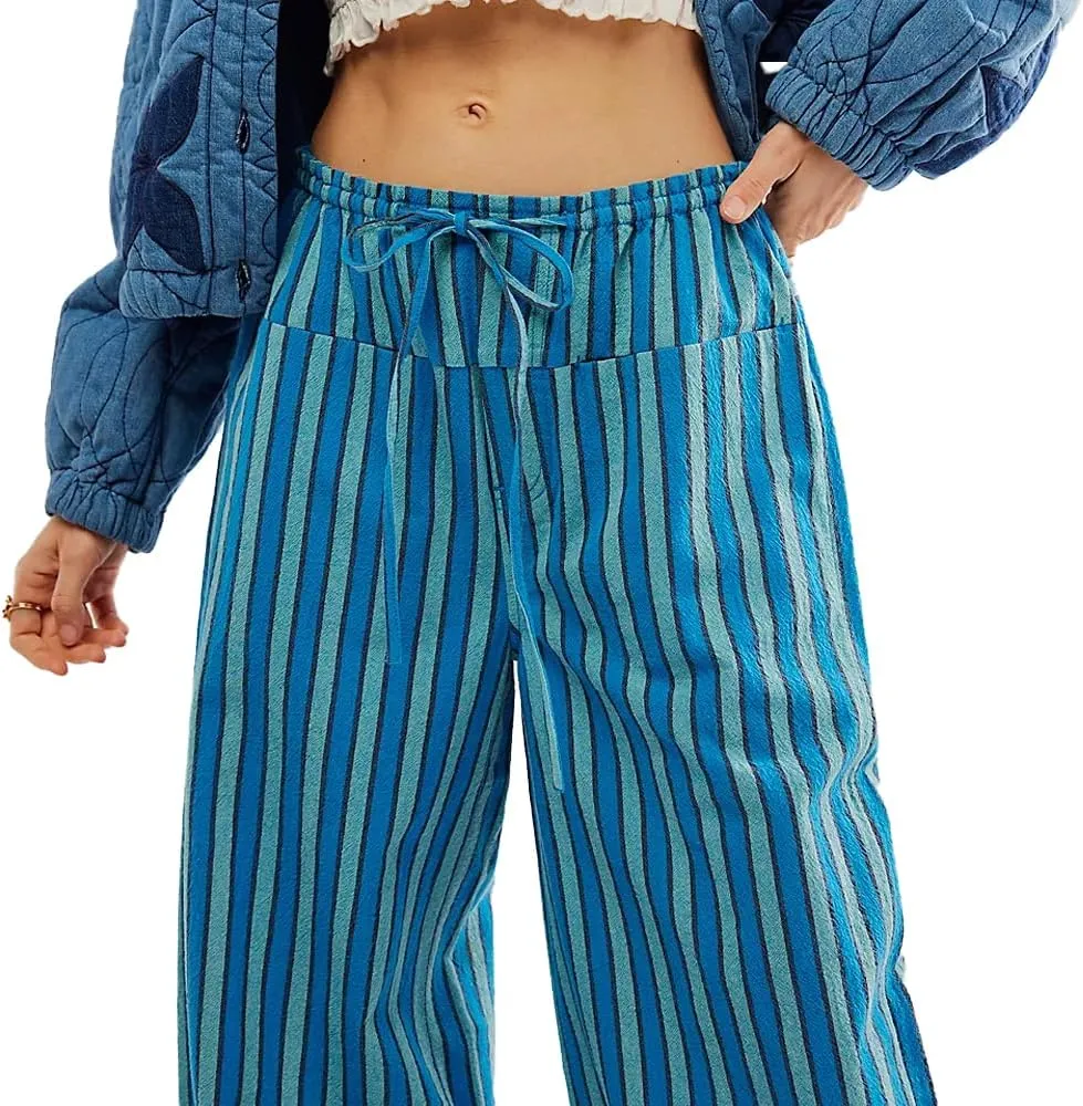 Women's Linen Striped Wide Leg Pants Casual Low Rise Drawstring Stripe Loose Lounge Trousers with Pockets
