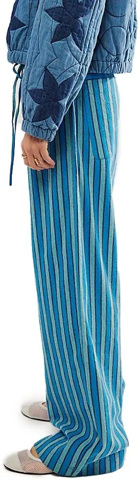 Women's Linen Striped Wide Leg Pants Casual Low Rise Drawstring Stripe Loose Lounge Trousers with Pockets