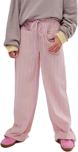 Women's Linen Striped Wide Leg Pants Casual Low Rise Drawstring Stripe Loose Lounge Trousers with Pockets