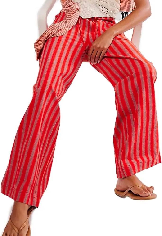Women's Linen Striped Wide Leg Pants Casual Low Rise Drawstring Stripe Loose Lounge Trousers with Pockets