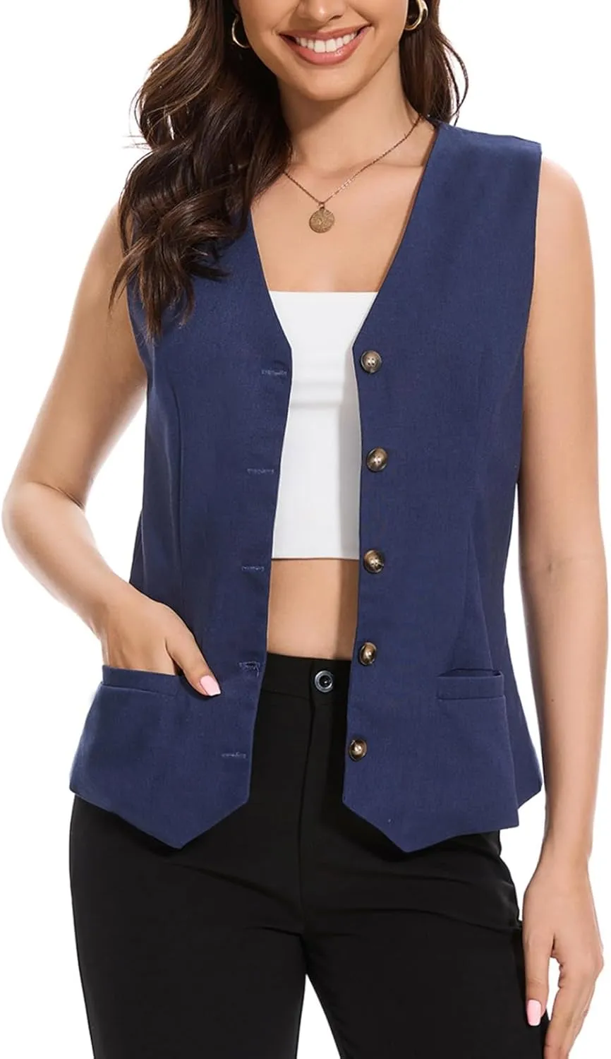 Womens Linen Vest Lightweight V Neck Pocket 2025 Work Casual Button Cropped Sleeveless Jacket Summer Vests Waistcoat
