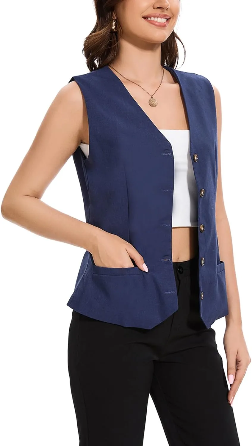 Womens Linen Vest Lightweight V Neck Pocket 2025 Work Casual Button Cropped Sleeveless Jacket Summer Vests Waistcoat