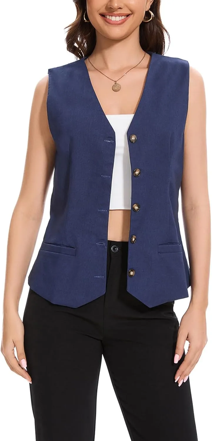 Womens Linen Vest Lightweight V Neck Pocket 2025 Work Casual Button Cropped Sleeveless Jacket Summer Vests Waistcoat