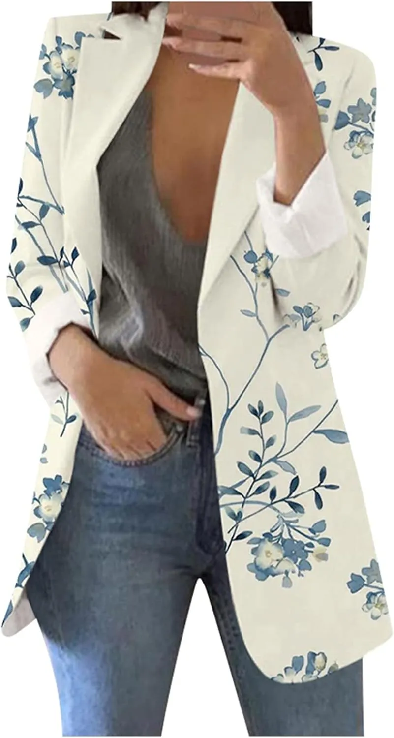 Women's Long Blazer Casual Printed Suit Sleeve Loose Comfortable Cardigan Coat Blazers for Work Casual