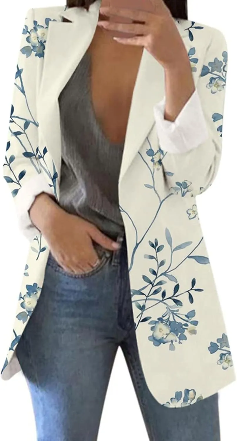 Women's Long Blazer Casual Printed Suit Sleeve Loose Comfortable Cardigan Coat Blazers for Work Casual