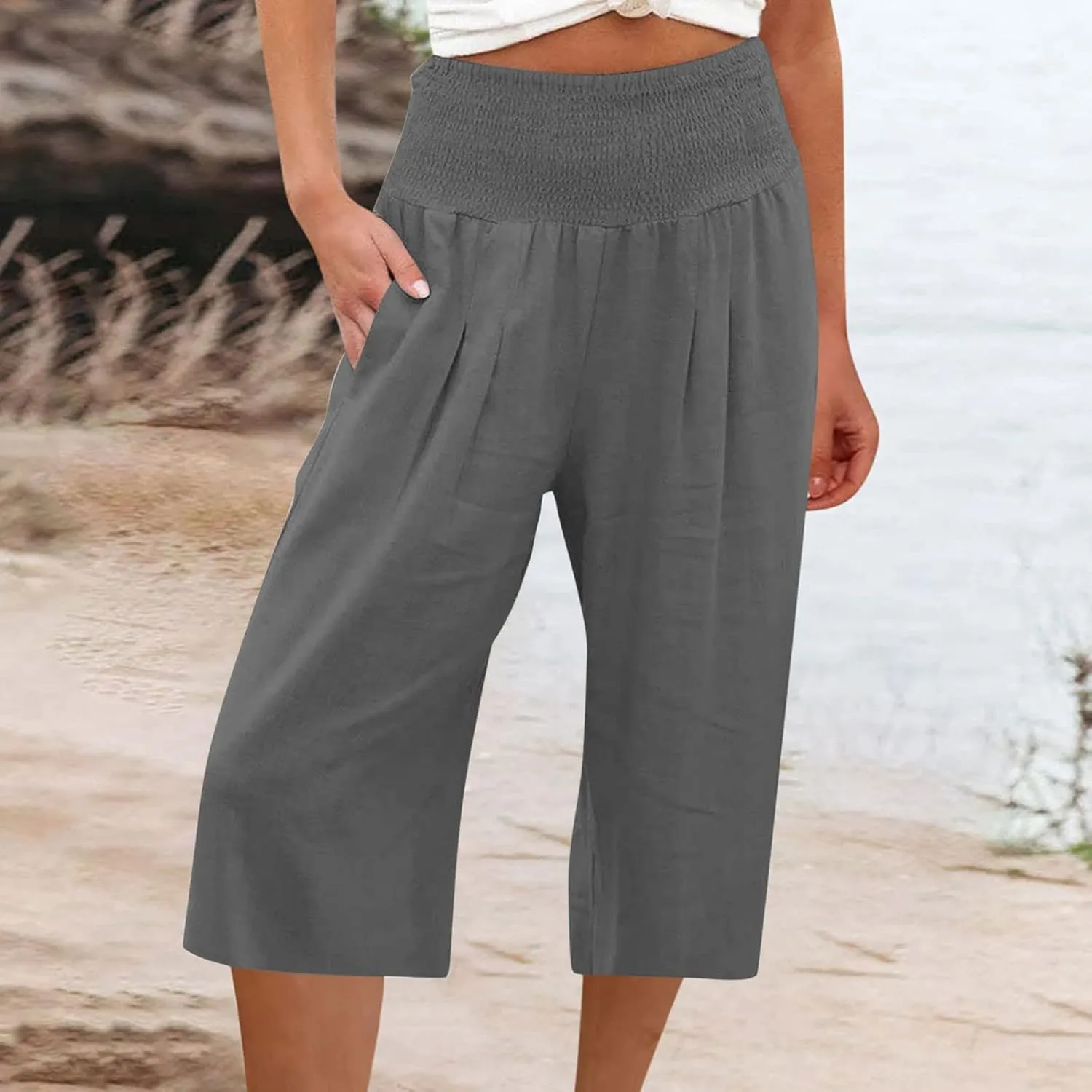 Womens Long Shorts Below The Knee Plus Size Casual Summer Loose Fit Long Shorts Elastic Waist Shorts with Pockets