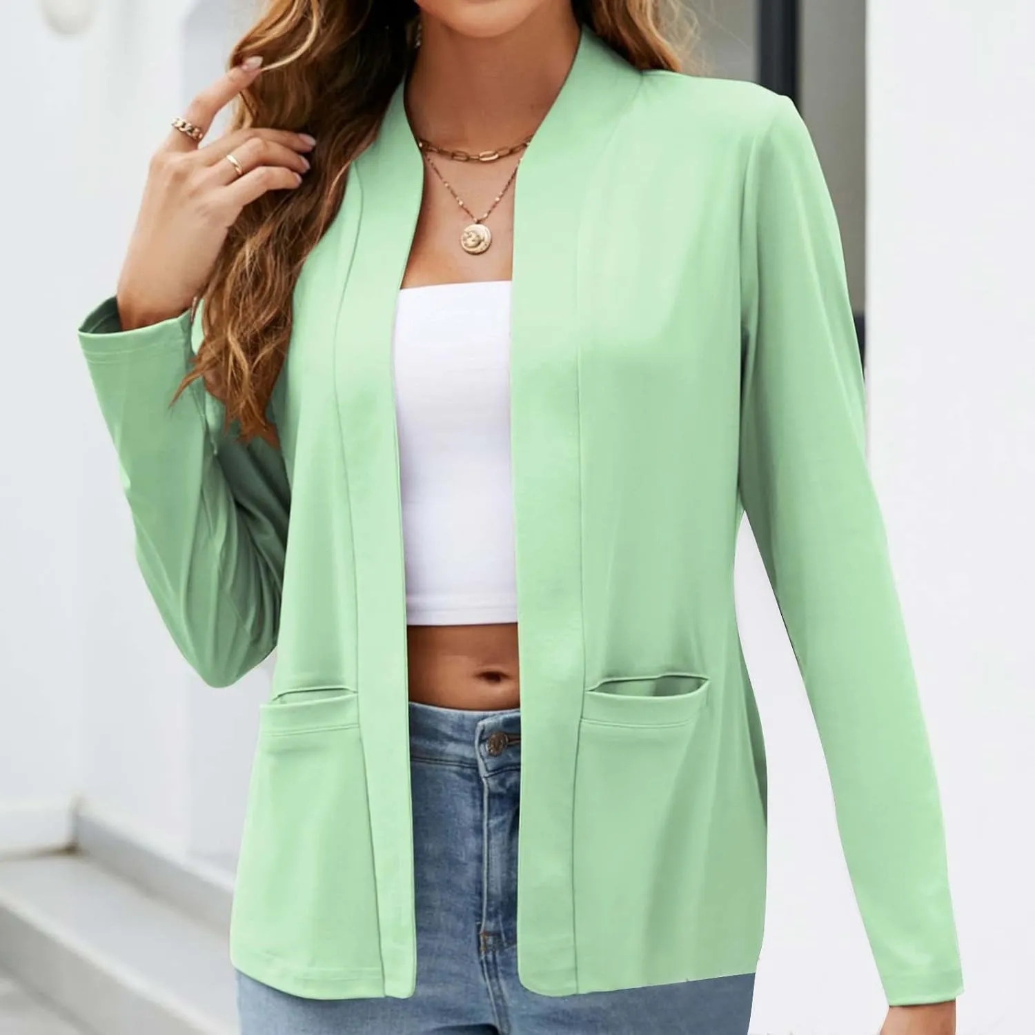 Women's Long Sleeve Casual Blazer Open Front Collarless Work Office Jackets Front Pockets Fall Lightweight Cozy Outwear