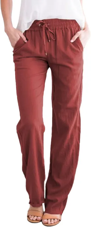 Womens Lounge Pants Solid Elastic Pants Long Drawstring Linen Women Waist Summer Fall Lounge Plain Drawstring
