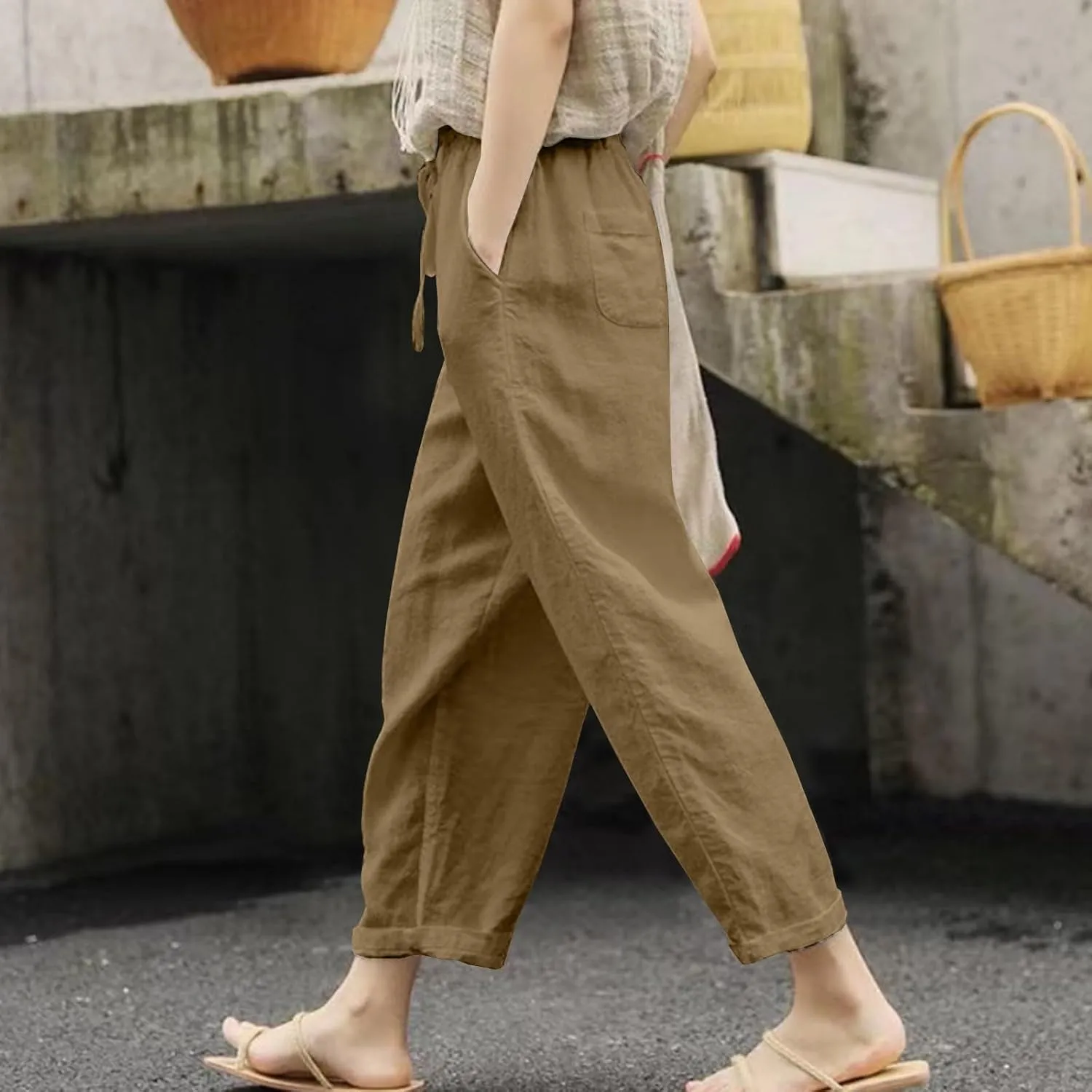 Womens Lounge Pants Solid Elastic Pants Long Drawstring Linen Women Waist Summer Fall Lounge Plain Drawstring
