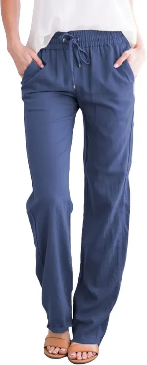 Womens Lounge Pants Solid Elastic Pants Long Drawstring Linen Women Waist Summer Fall Lounge Plain Drawstring