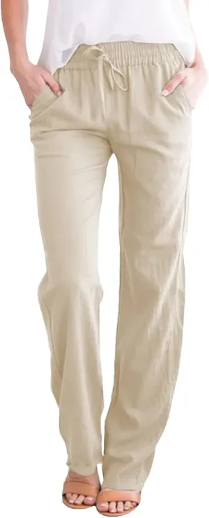 Womens Lounge Pants Solid Elastic Pants Long Drawstring Linen Women Waist Summer Fall Lounge Plain Drawstring