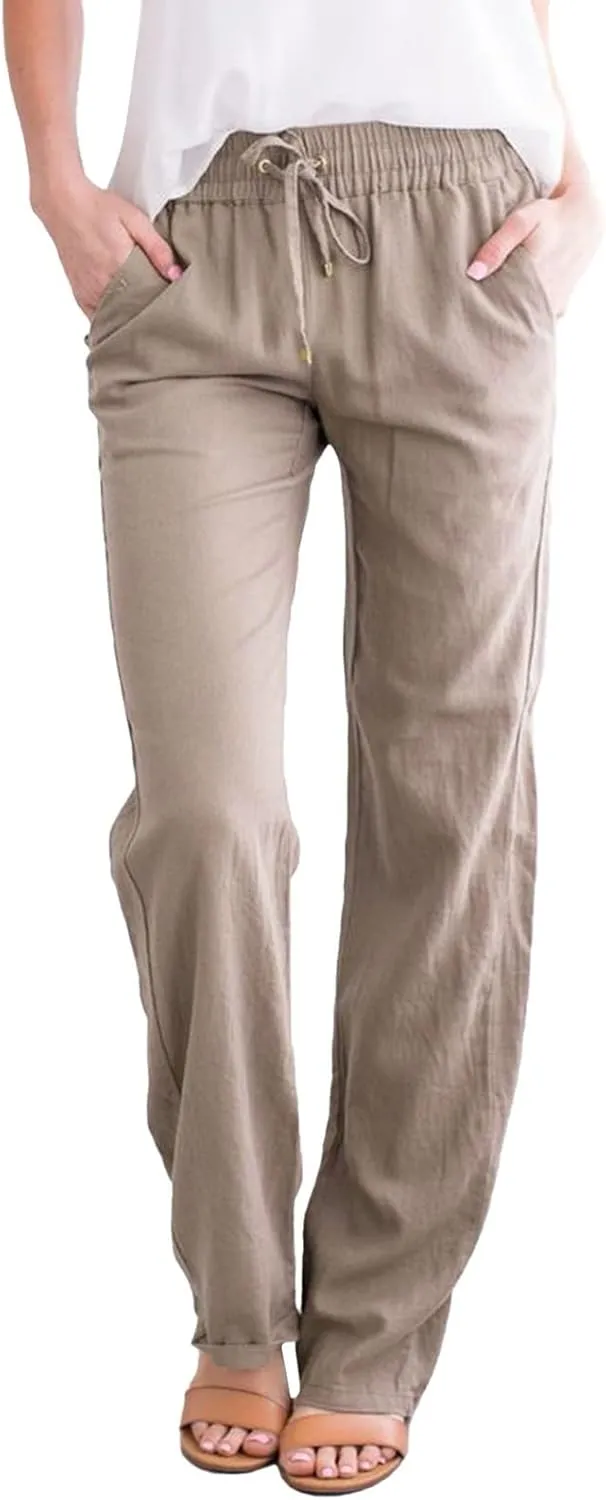 Womens Lounge Pants Solid Elastic Pants Long Drawstring Linen Women Waist Summer Fall Lounge Plain Drawstring