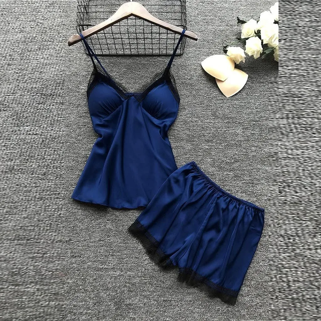 Womens Lounge Set Cute Pajama Sets Deep-V Underwear Robes Neck Lace Satin Pj Set Two Piece Soft Sleepwear Loungewear