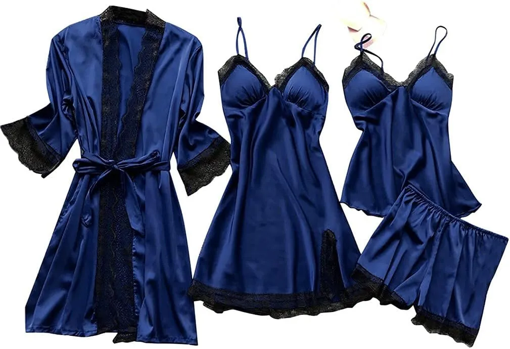 Womens Lounge Set Cute Pajama Sets Deep-V Underwear Robes Neck Lace Satin Pj Set Two Piece Soft Sleepwear Loungewear