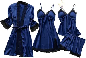 Womens Lounge Set Cute Pajama Sets Deep-V Underwear Robes Neck Lace Satin Pj Set Two Piece Soft Sleepwear Loungewear