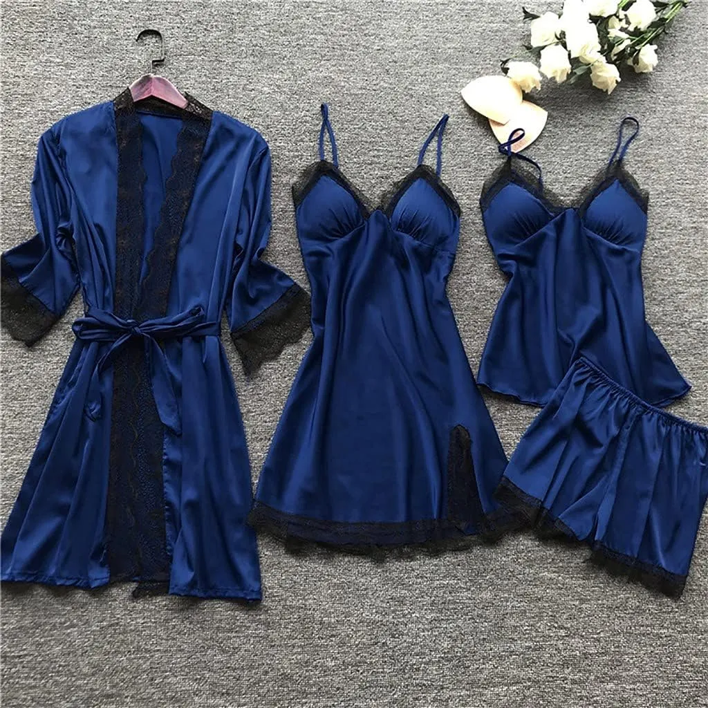 Womens Lounge Set Cute Pajama Sets Deep-V Underwear Robes Neck Lace Satin Pj Set Two Piece Soft Sleepwear Loungewear