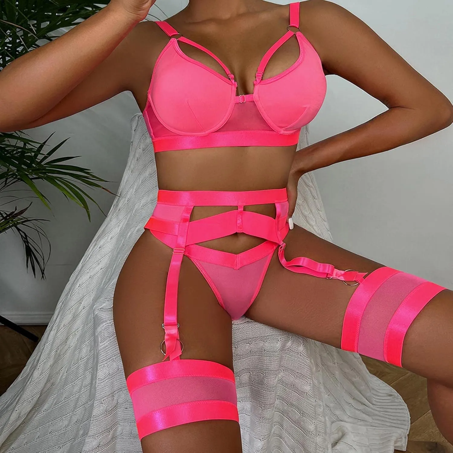 Women's Mesh Underwire Strappy Garter Belts Lingerie Sets 3 Piece Cut Out Bra and Panty Set Lace Bralette Sheer Thong