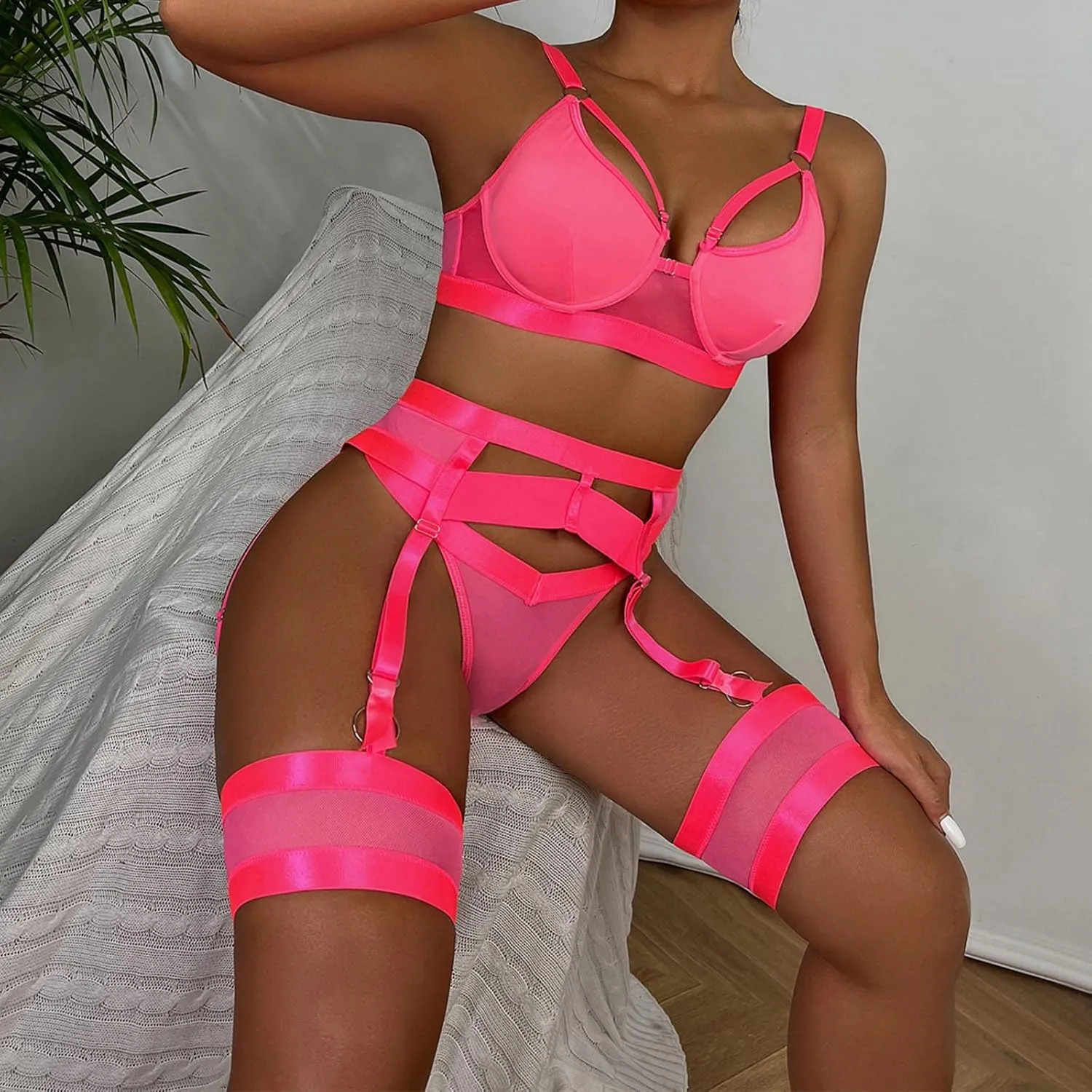 Women's Mesh Underwire Strappy Garter Belts Lingerie Sets 3 Piece Cut Out Bra and Panty Set Lace Bralette Sheer Thong