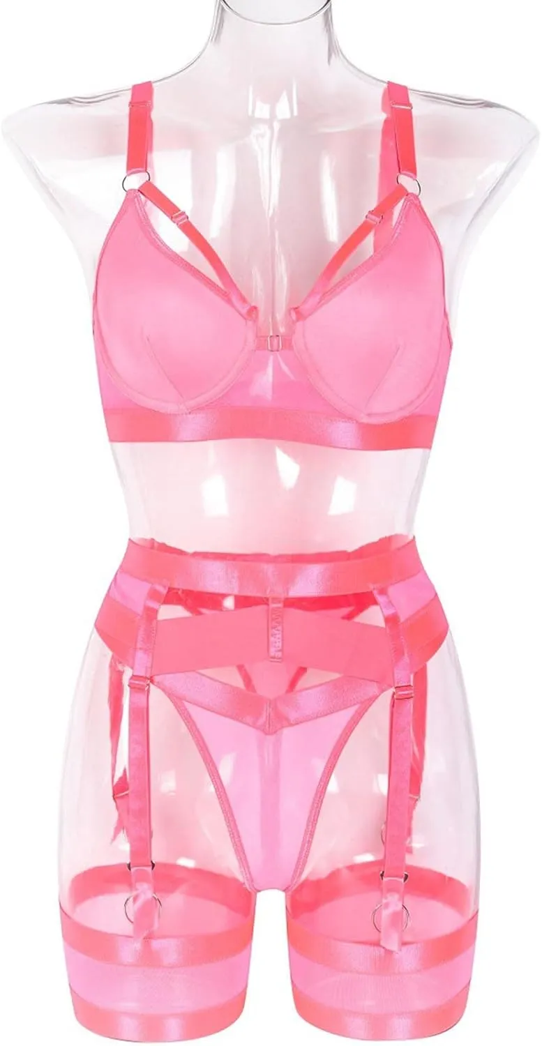 Women's Mesh Underwire Strappy Garter Belts Lingerie Sets 3 Piece Cut Out Bra and Panty Set Lace Bralette Sheer Thong