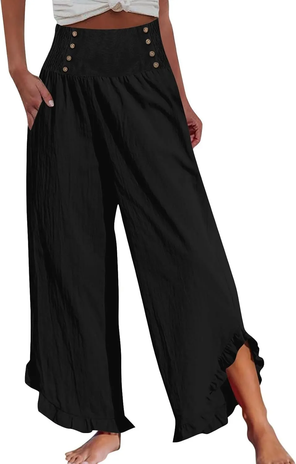 Womens Oversized Linen Trousers Plus Size Wide Leg Smocked Waist Ruffle Hem Fashion Pants Office Dress Casual Trouser