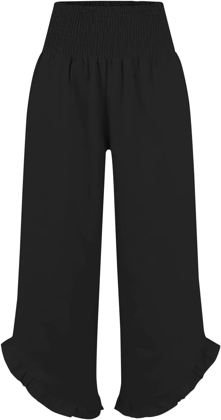 Womens Oversized Linen Trousers Plus Size Wide Leg Smocked Waist Ruffle Hem Fashion Pants Office Dress Casual Trouser