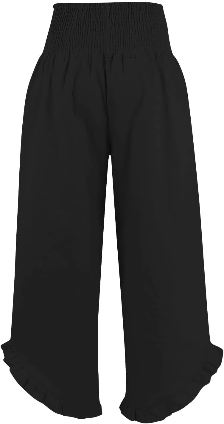 Womens Oversized Linen Trousers Plus Size Wide Leg Smocked Waist Ruffle Hem Fashion Pants Office Dress Casual Trouser