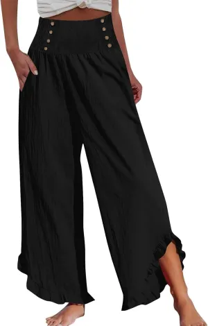 Womens Oversized Linen Trousers Plus Size Wide Leg Smocked Waist Ruffle Hem Fashion Pants Office Dress Casual Trouser