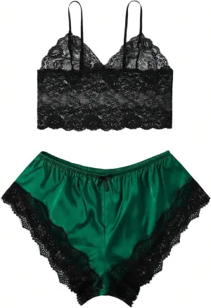 Women's Plus Size Lingerie Set Spaghetti Strap V Neck Lace Trim Bralette and Shorts Pajama Set Sleepwear Lounge Sets