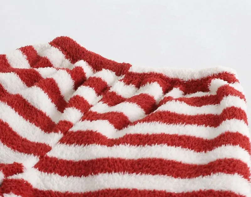 Womens Plush Pajama Pants Stripe Print Fuzzy Fleece Pj Pants Winter Warm Lounge Pants
