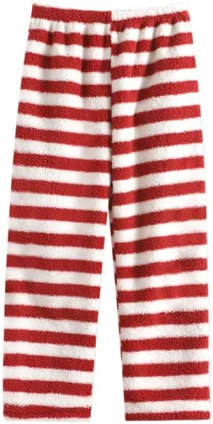 Womens Plush Pajama Pants Stripe Print Fuzzy Fleece Pj Pants Winter Warm Lounge Pants